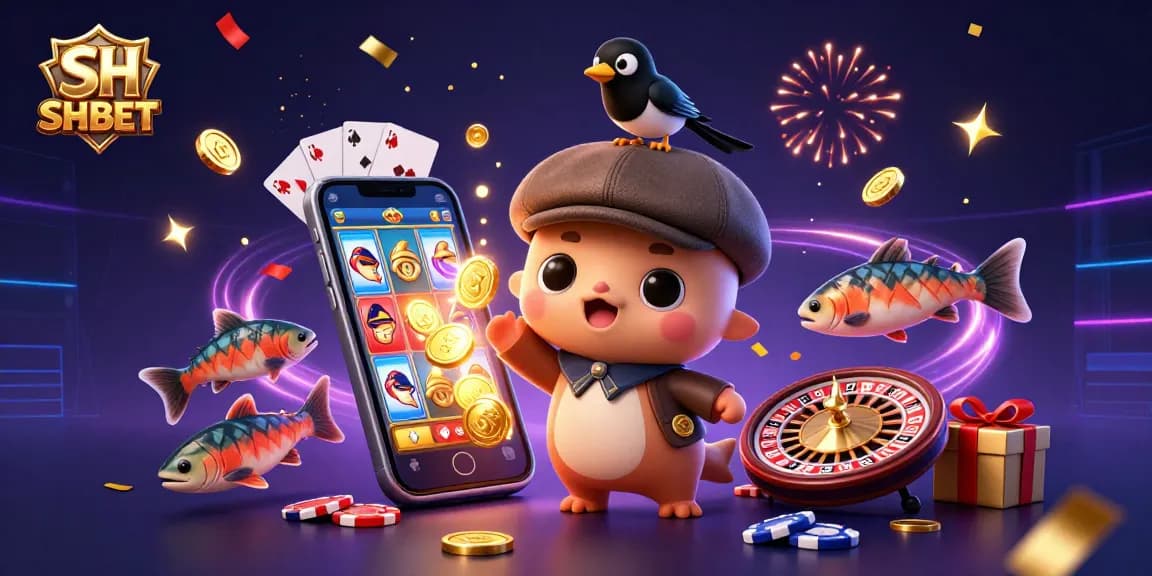 Engage with SHBET's exciting slots featuring 3D cartoon characters in a vibrant casino setting.