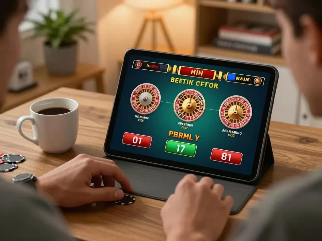 Person engaged in online gambling at https://vmax88vip.com/ using tablet with live dealer game, creating an inviting atmosphere.