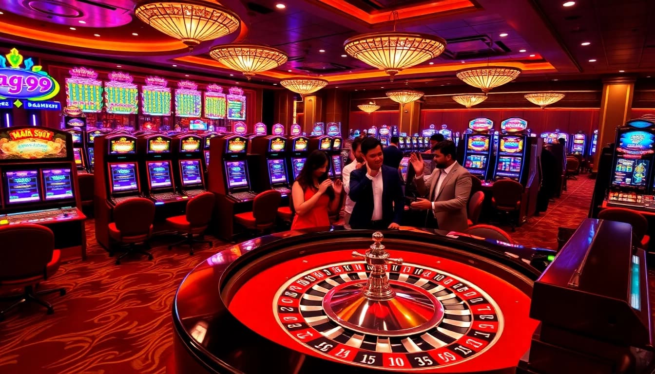 Players enjoying a thrilling game at Naga99's vibrant casino, celebrating a jackpot win.
