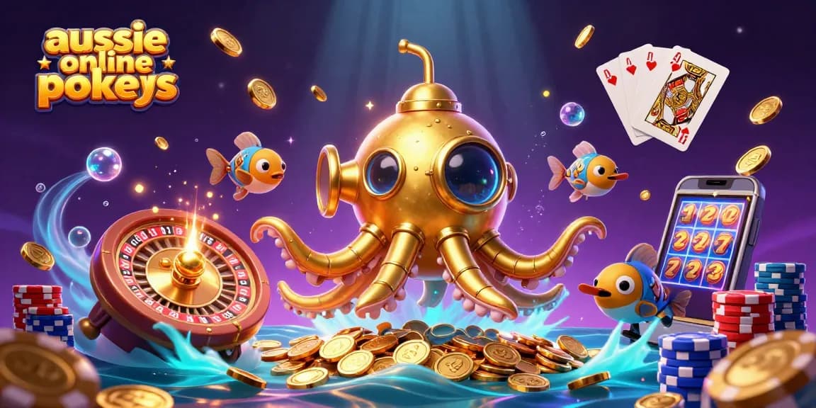 Aussie online pokies scene featuring a golden kraken submarine amidst flying coins and a spinning roulette wheel.