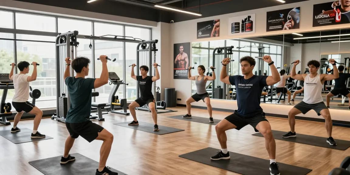 Global Pharma Steroids Produkte in einem modernen Fitnessstudio, Sportler beim Training.