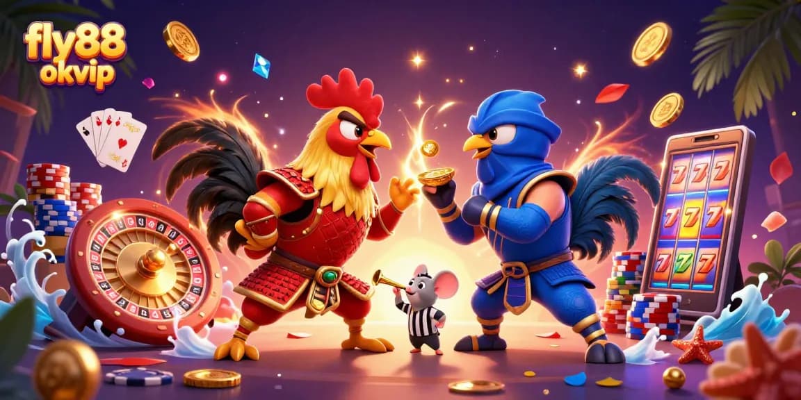 Experience the excitement of fly88 okvip with dynamic roosters in a thrilling casino showdown.