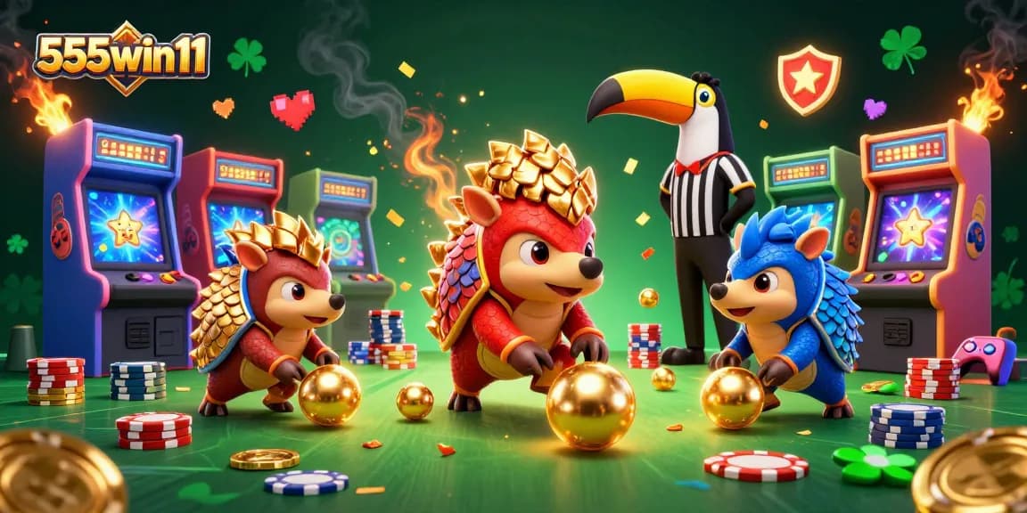 Engage in exciting gameplay at 555win11 with a vibrant scene of rival pangolins and poker chips.