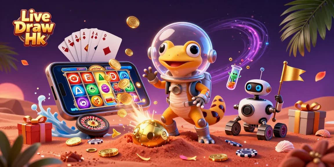 Engage with Live Draw Hk as a Martian gecko discovers a golden casino amidst vibrant casino elements.