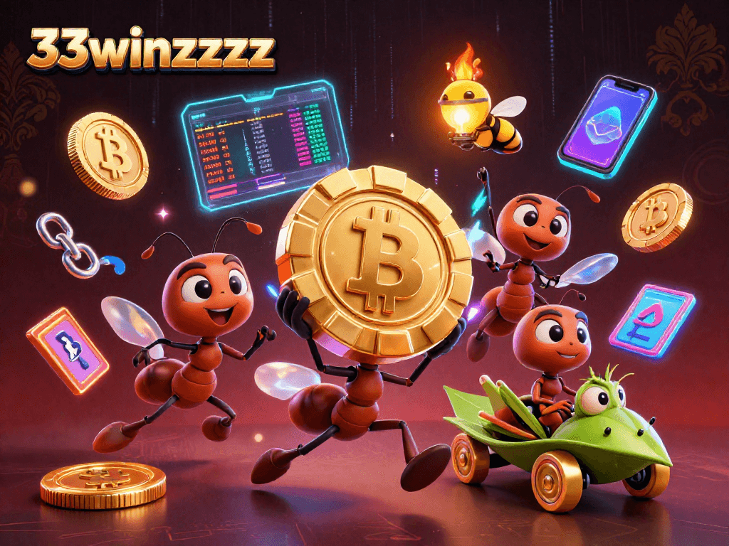 Experience thrilling entertainment at 33winzzzz with a dynamic heist scene featuring ants and crypto elements.