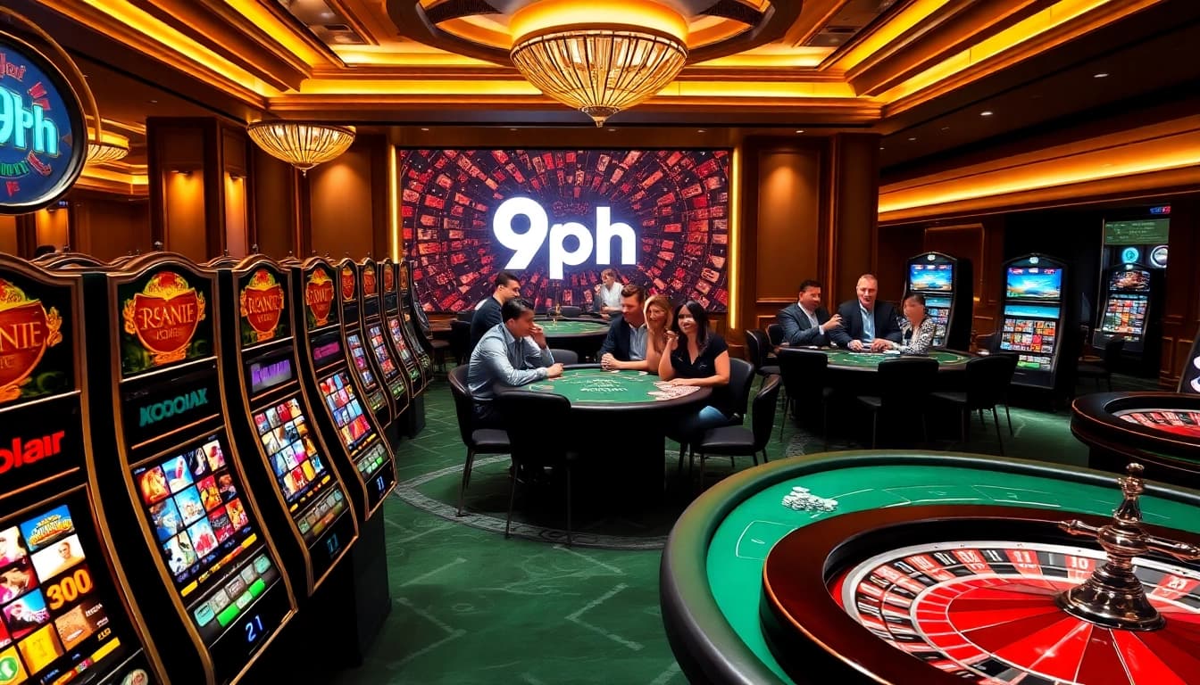 Engage with thrilling gaming action at 9ph's vibrant casino, filled with slots, poker tables, and excitement.