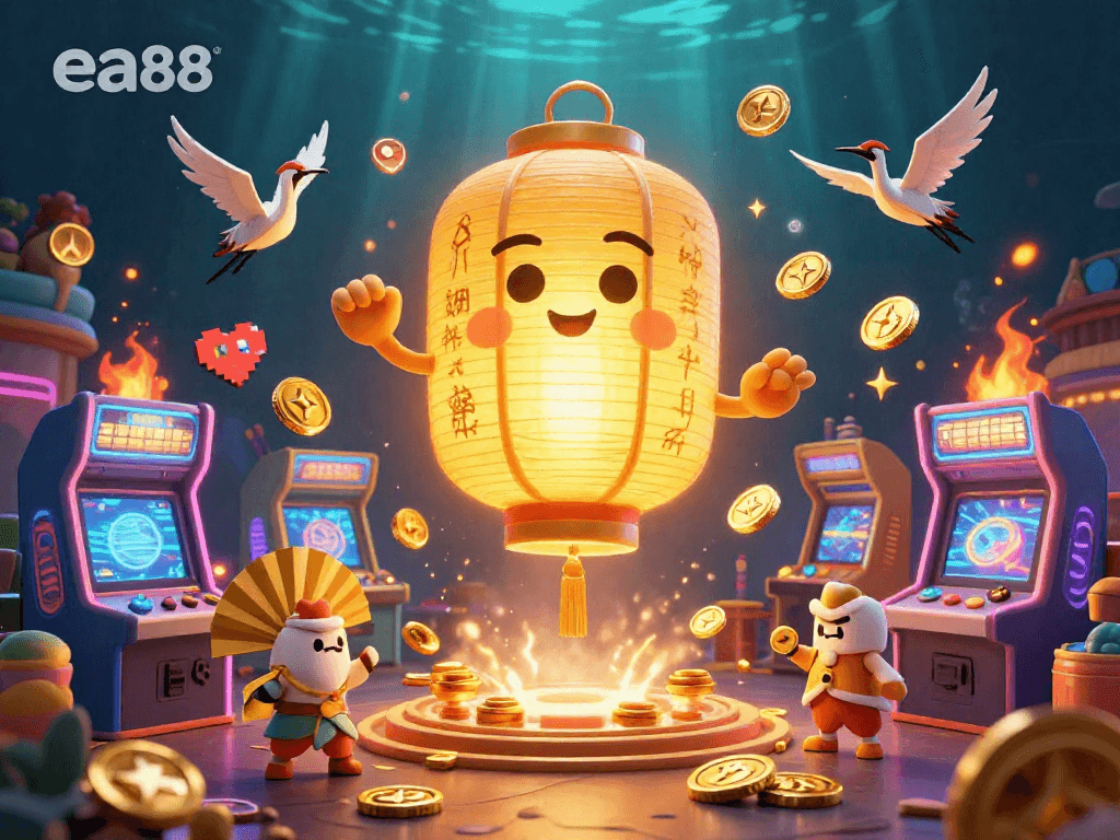 Experience the excitement at ea88 casino with vibrant game elements and a glowing lantern spirit.