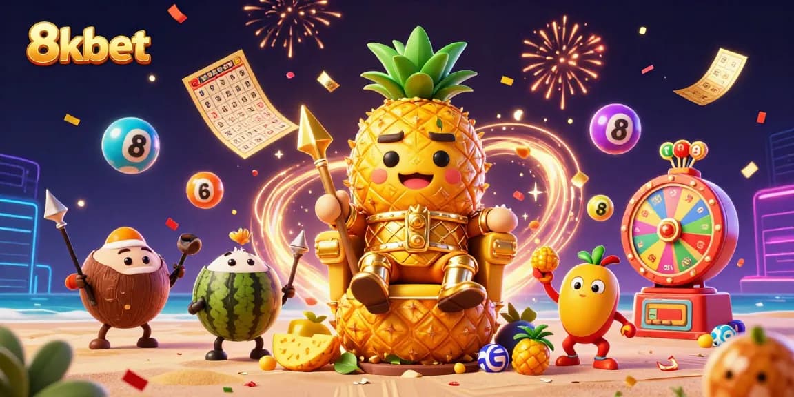 Engage with the vibrant world of 8kbet casino through an exciting digital illustration of a lively tropical theme.