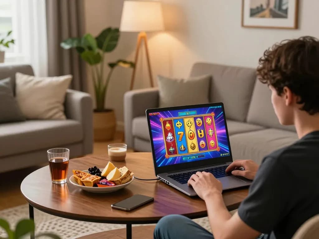 Player enjoying an exciting game nổ hũ on laptop in a cozy home setting, showcasing vibrant gameplay.