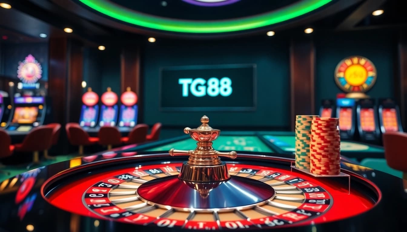 Experience the excitement of casino gaming with TG 88's vibrant roulette table and poker chips.