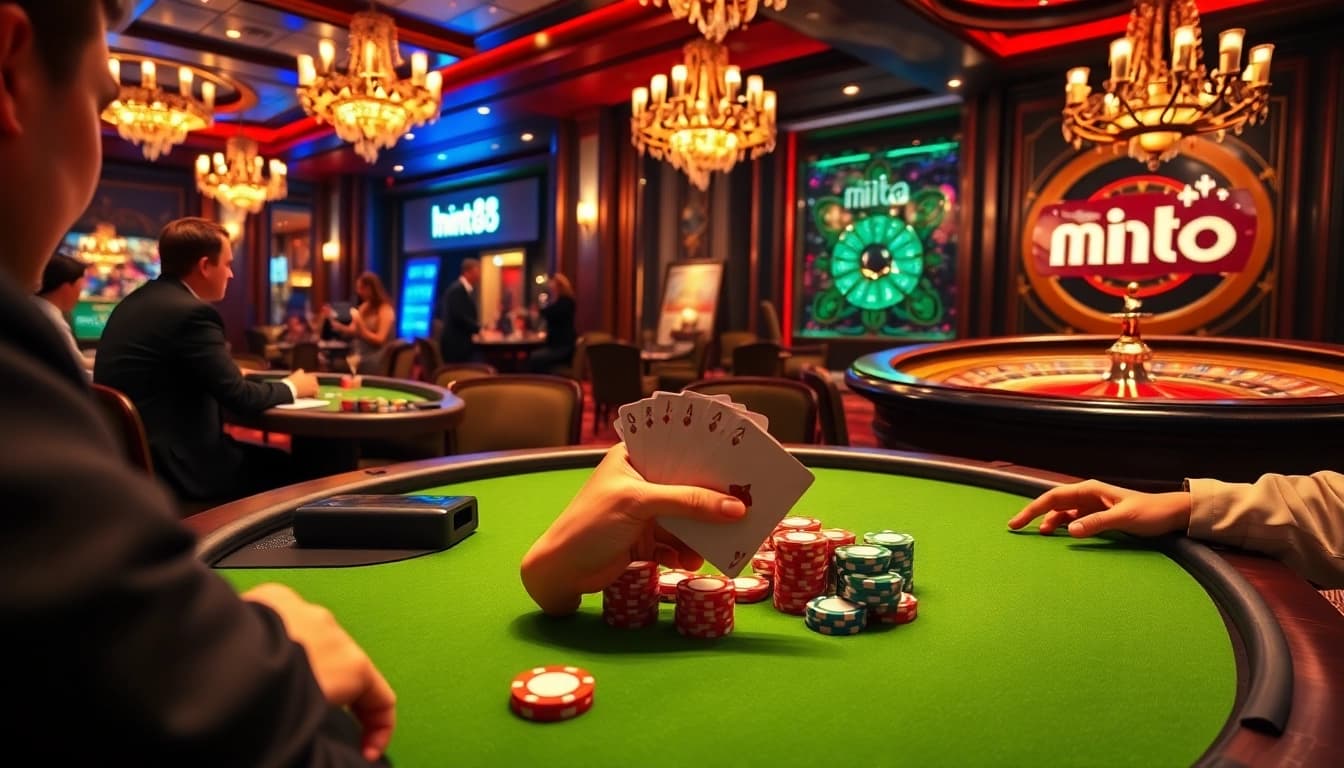 Players celebrating a win at a poker table in a luxurious casino scene featuring mint88 elements.