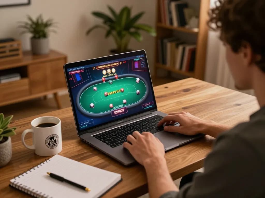Hitclub player enjoying immersive online poker gaming session with strategic notes and cozy atmosphere.