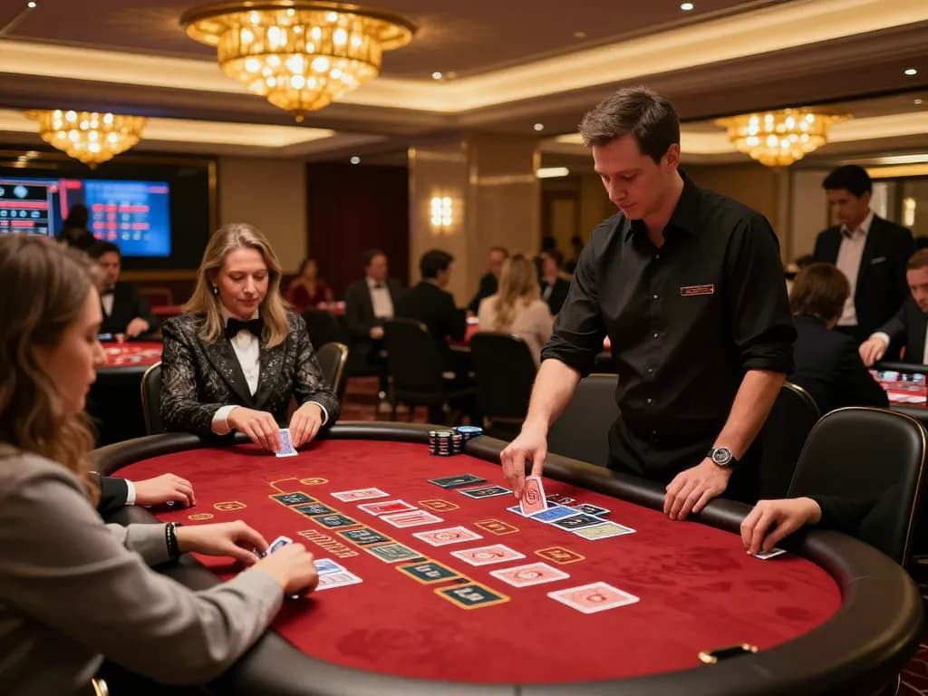 Players enjoying 58win blackjack at upscale casino with dealer managing bets, vibrant atmosphere.