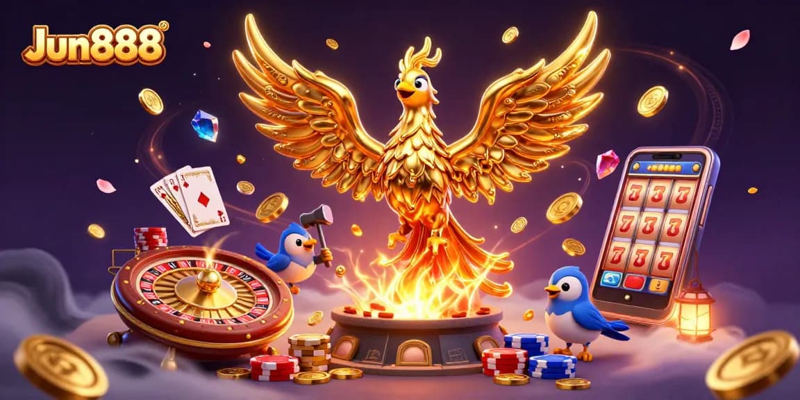 Experience thrilling moments with Jun888 in this vibrant casino illustration featuring a golden phoenix.