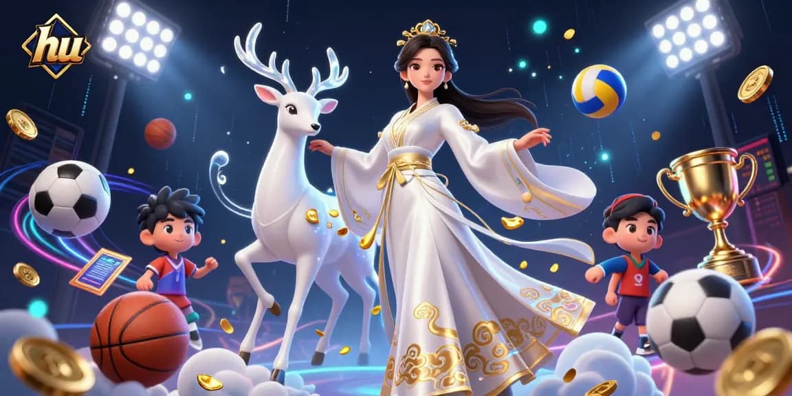 Engage in thrilling sports betting with hu, featuring a radiant Asian woman and celestial elements.