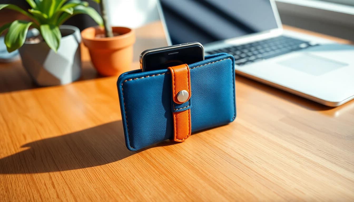 Funktionale abschließbare Handytasche auf einem modernen Schreibtisch präsentiert, mit klaren Details und einem eleganten Design.