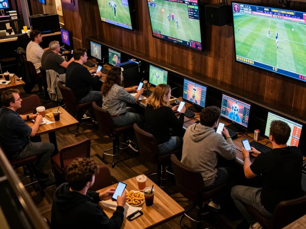 BCX88 fans engaged in live sports betting view with dynamic screens and enthusiastic atmosphere.