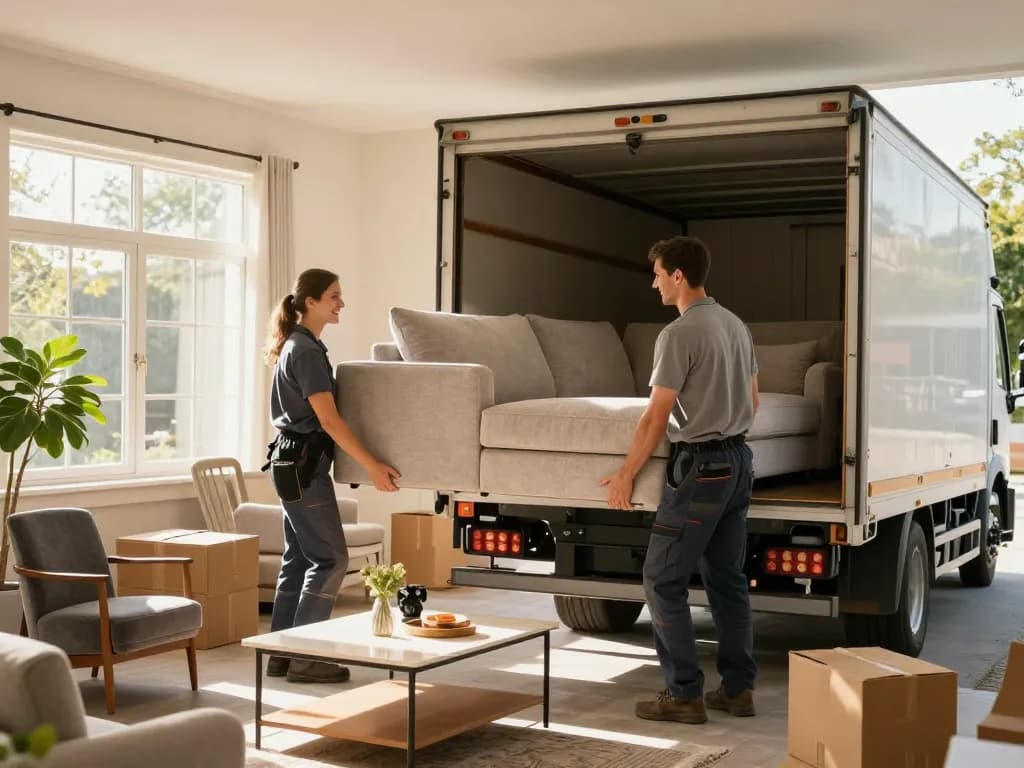 Team executing furniture removal, showing a sectional sofa being lifted into a truck, bright home atmosphere.