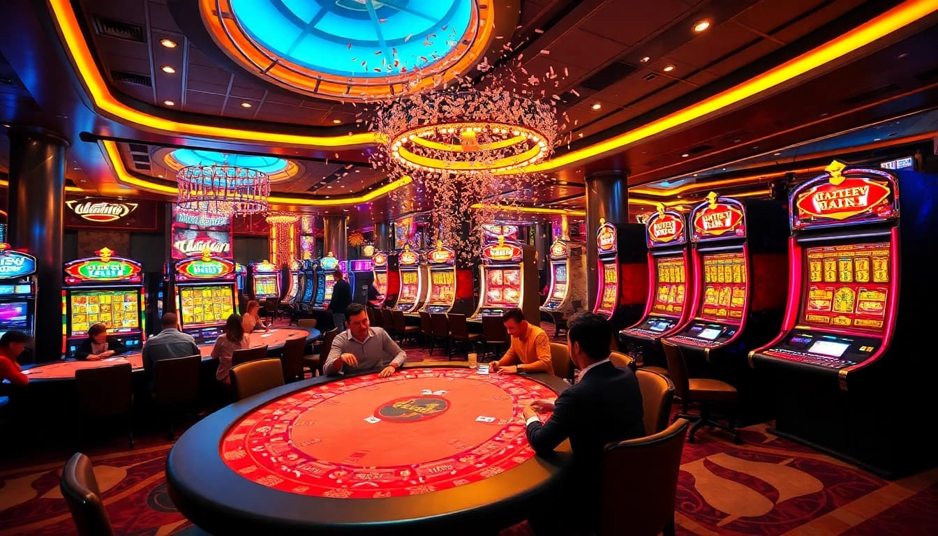Luckywin casino scene showcasing vibrant slot machines and excited players celebrating wins.