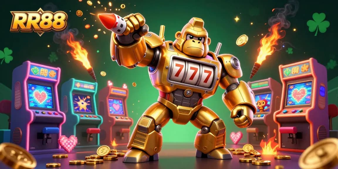Experience the excitement of RR88 with a dynamic golden gorilla mech surrounded by vibrant casino game elements.