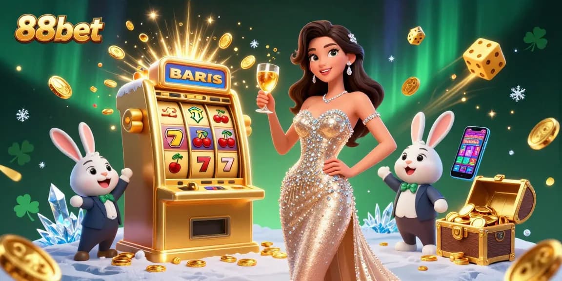 Experience the excitement of 88bet with a glamorous woman celebrating a jackpot win alongside a playful bunny croupier.