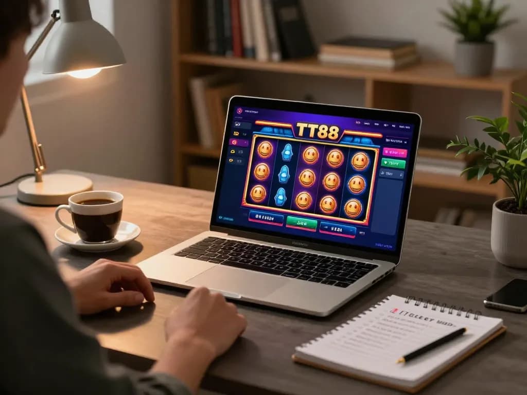 Player engaging with the TT88 slot machine game online, showcasing responsible gaming atmosphere.