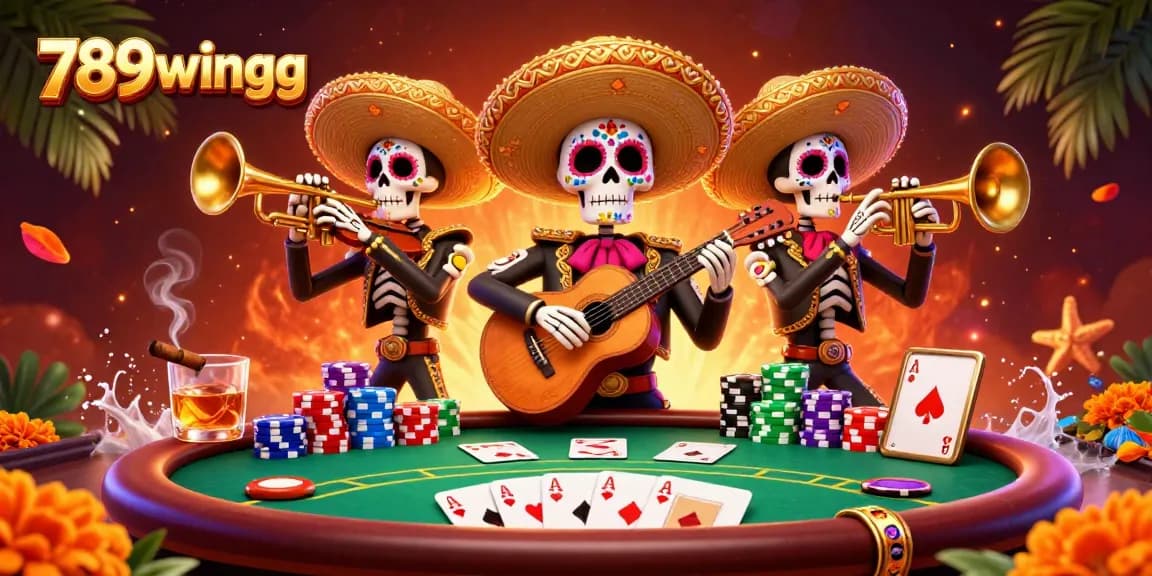 Win big with 789wingg's exciting poker scene and vibrant mariachi band illustration.
