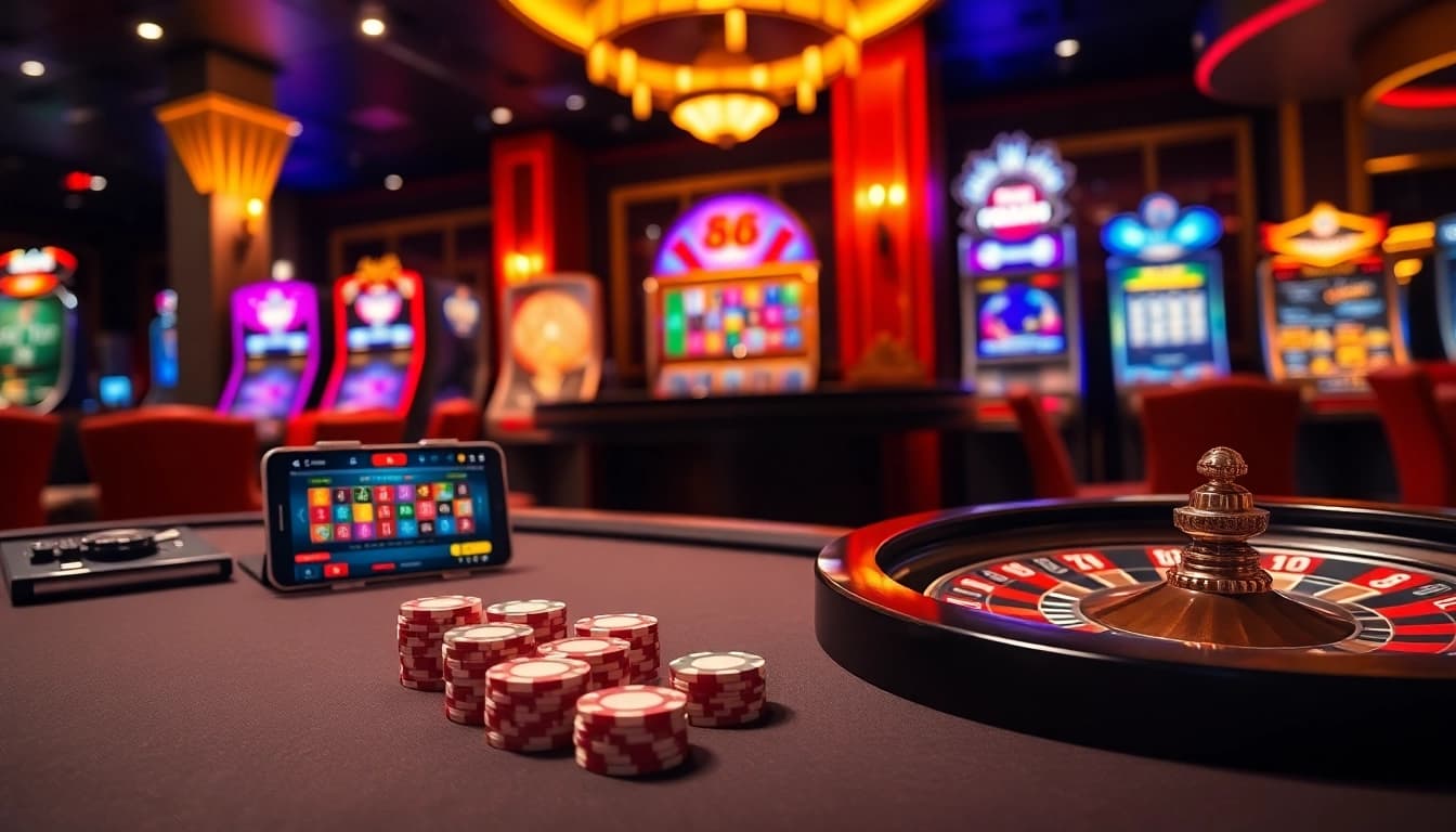 Experience the thrill of 88i đăng nhập with vibrant casino visuals featuring gaming tables and slot machines.