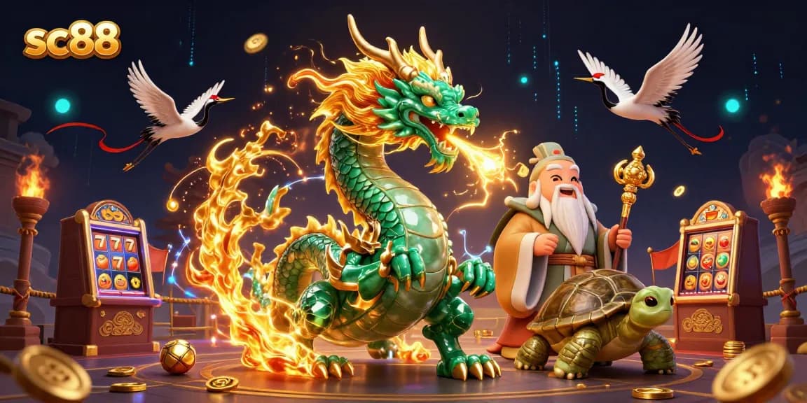 Engaging scene featuring sc88 symbols with dragon, turtle sage, cranes and slot reels.