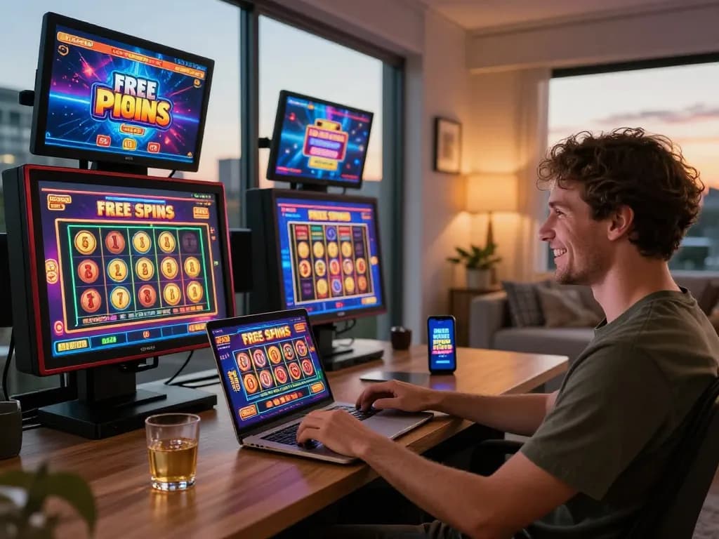 Engaging gaming scene showcasing free spins Australia with a player enjoying online slots at home.