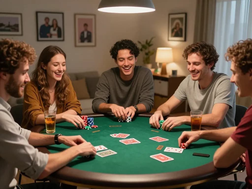 Friends enjoying a lively poker night at home while using MK8 for strategy and fun.