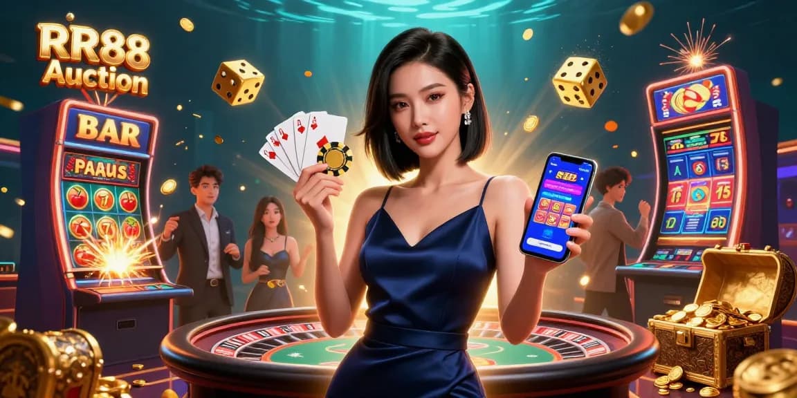 Experience excitement at RR88 Auction with a stunning Asian woman showcasing a casino app and golden chip amidst dynamic gaming elements.