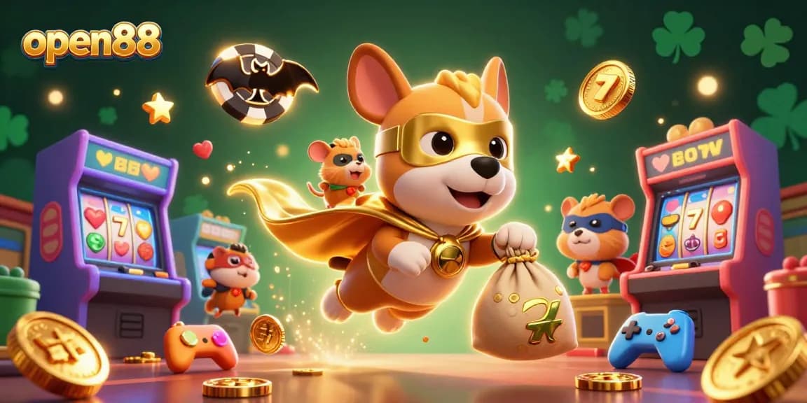Experience the vibrant open88 casino atmosphere with a superhero dog flying and gold coins scattering.