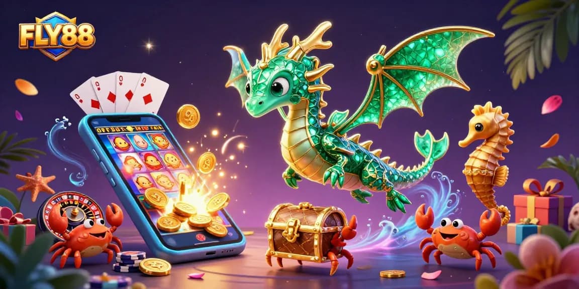 FLY88 players engaging with vibrant casino action featuring a sea dragon and dynamic games