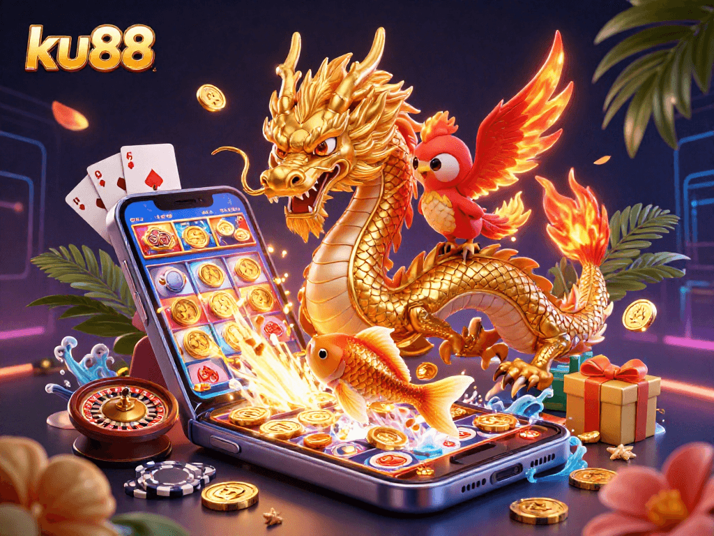 ku88 players winning with a golden dragon and phoenix amid a vibrant casino scene