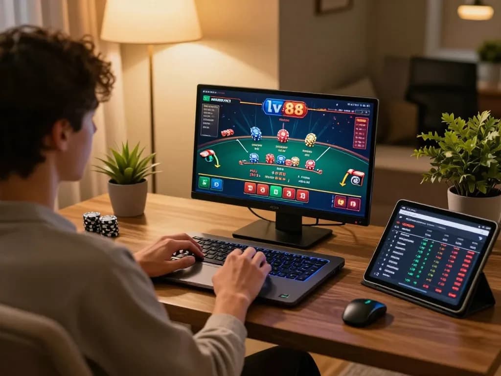 Online gaming session featuring lv 88 interface on a laptop showcasing blackjack strategy.