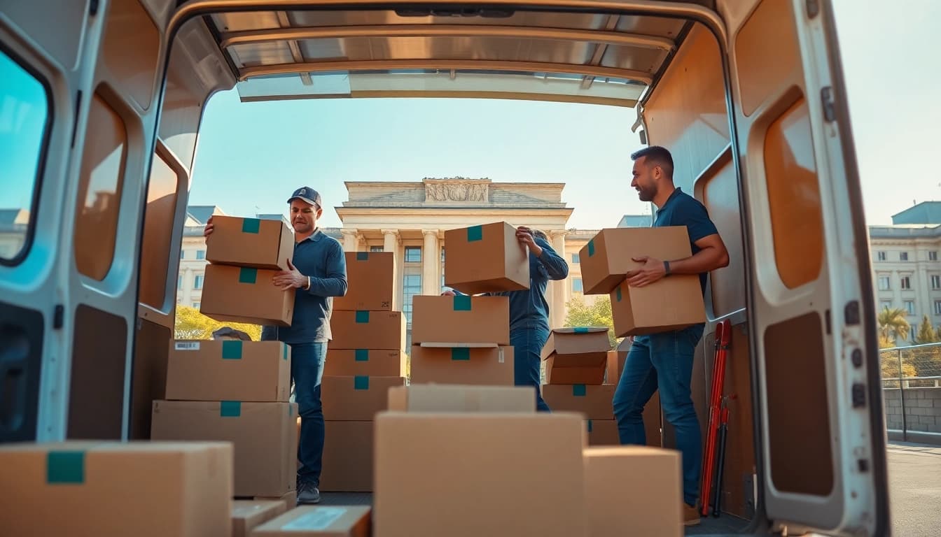 Berlin Umzugsunternehmen team efficiently packing boxes into a moving van in a lively urban setting.