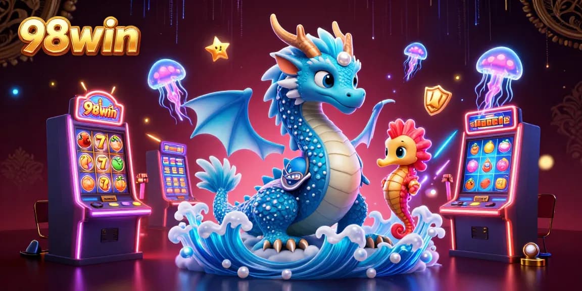 Experience the thrilling world of 98win with vibrant gaming icons and enchanting sea creatures.