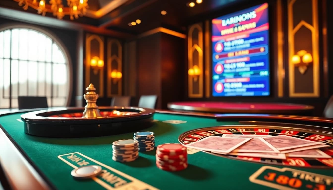Playing at the NK88 online casino featuring poker chips, roulette, and vibrant promotions.