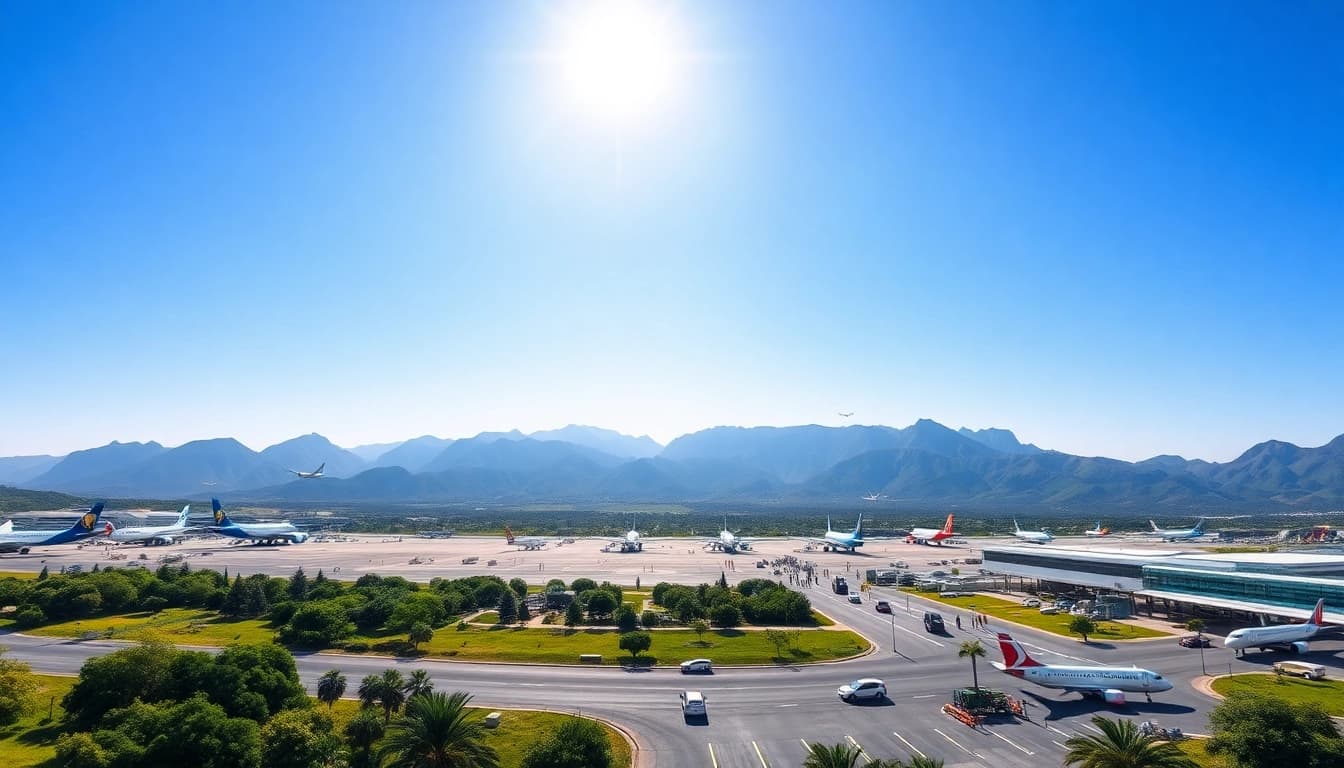 Besucher am Teneriffa Flughafen mit Blick auf aktiven Flugverkehr und modernen Terminals.