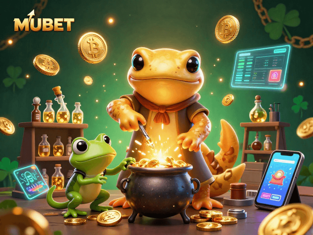 MUBET showcases a vibrant 3D casino scene with alchemical elements and cryptocurrency themes.