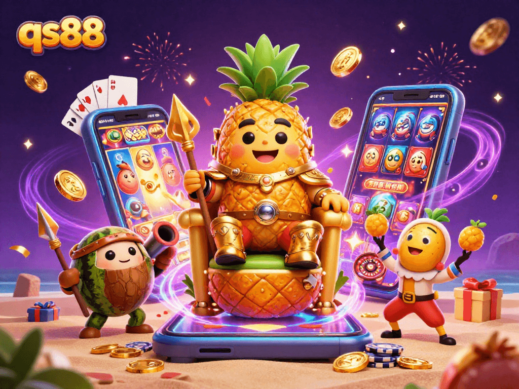 Experience the thrill of qs88 with 3D cartoon characters in a vibrant casino beach scene.