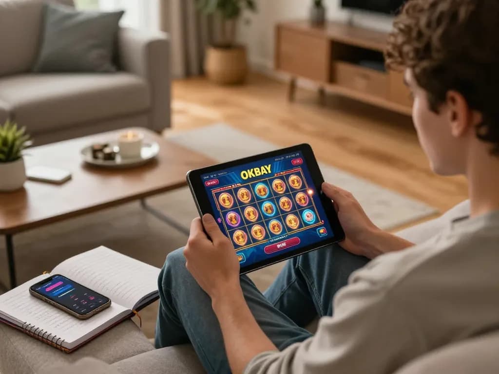 Engaging in the OKBAY online slot game while enjoying a cozy home gaming setup.