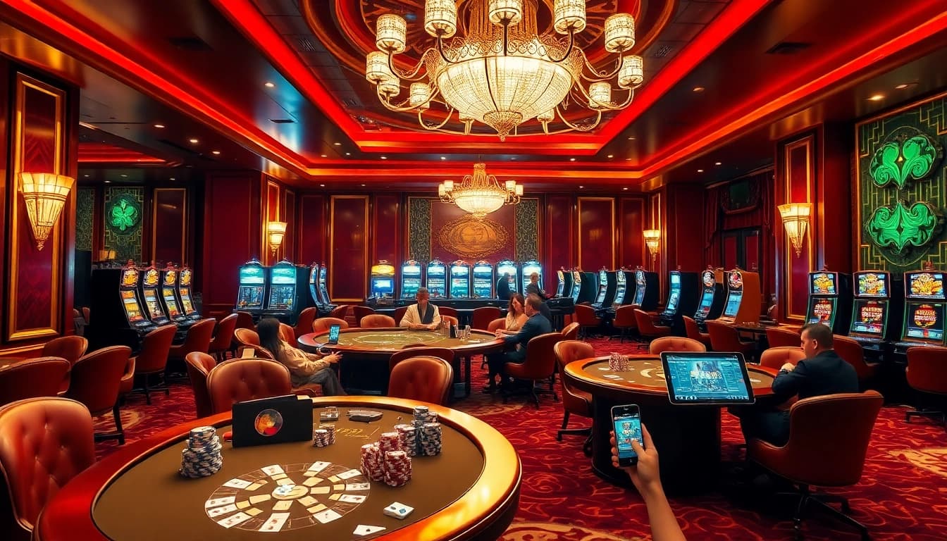 Engaging players enjoying games at https://f8bet.dental/ casino, featuring poker chips and elegant tables.