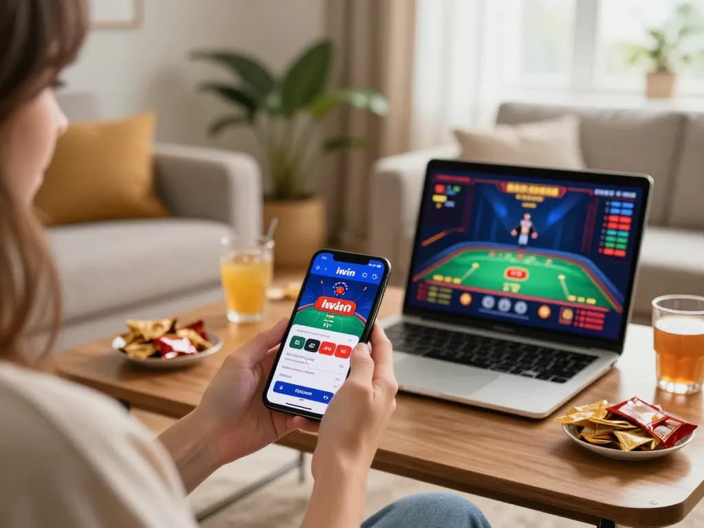 Engaging with the iwin casino app on a smartphone in a cozy gaming setup, illustrating online gambling.
