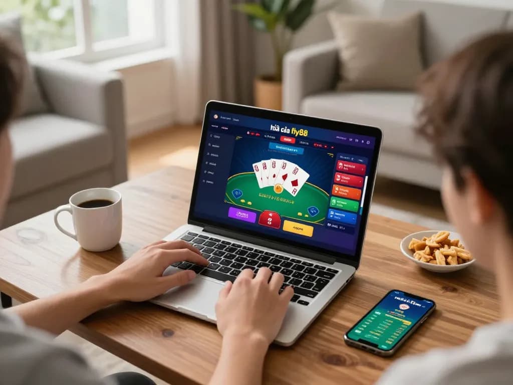 Engaged in online gambling, using nhà cái fly88 to play poker in a cozy home setting.