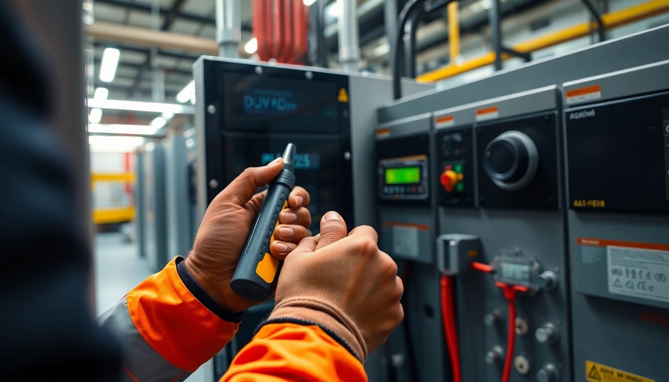 Technician performing DGUV V3 Prüfung on electrical equipment, ensuring safety and compliance.