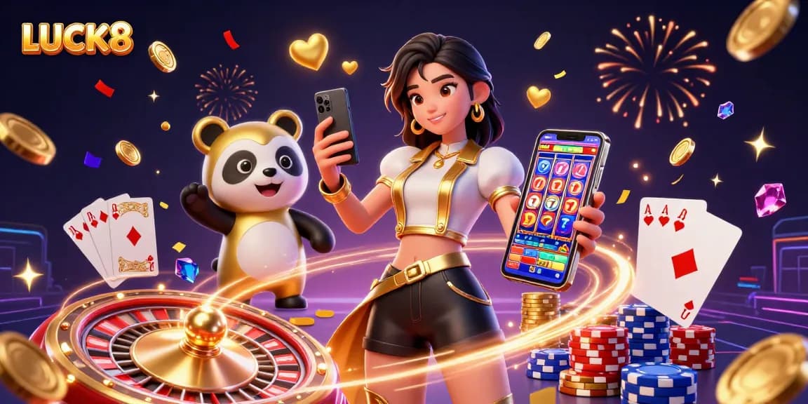 Engage with LUCK8's vibrant casino experience featuring a woman, panda mascot, and festive elements.