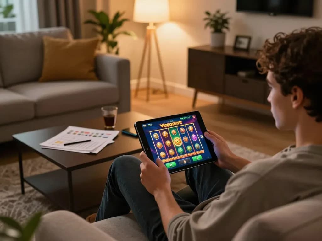 Spielen Sie aufregende Spiele bei Viggoslots auf einem Tablet in einer gemütlichen Heimspielumgebung, die ansprechende Grafiken zeigt.
