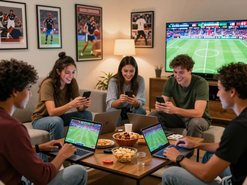 VN88 online gambling scene with friends enjoying sports betting at home, showcasing excitement and fun.